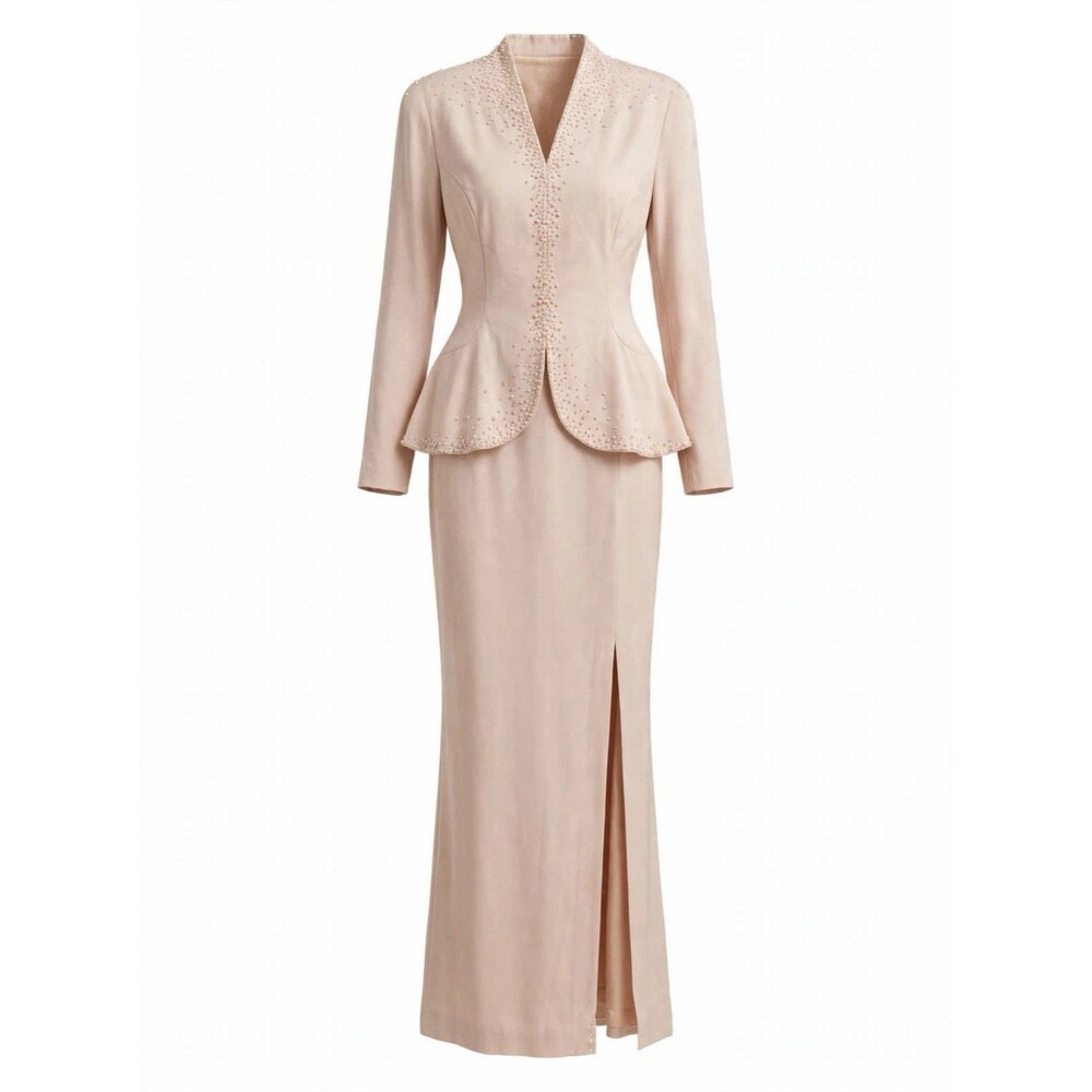 Daymor Couture 10 Blush Beige Beaded Peplum Jacket Maxi Dress Formal